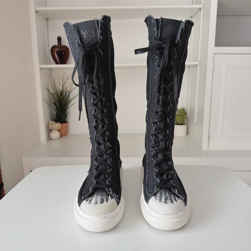 Y-3 Adidas Black White Canvas Leather Nizza Distressed Boot Sneakers M7 W8.5